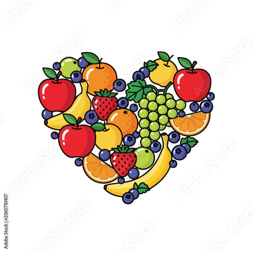 Heart shape made of colorful assorted fresh fruits