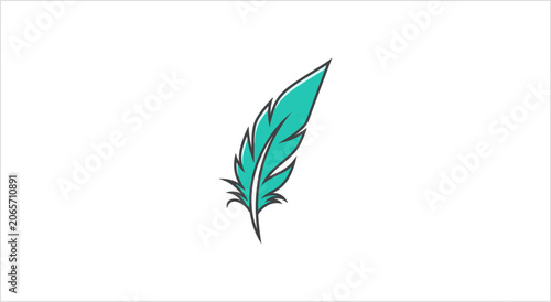 Quadro su tela Single Teal Feather Illustration on White Background.