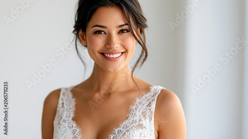 Portrait of a joyfully smiling bride in her wedding dress against a clean white background, genuine happiness radiating, wedding portrait concept photography, happy bride moment,