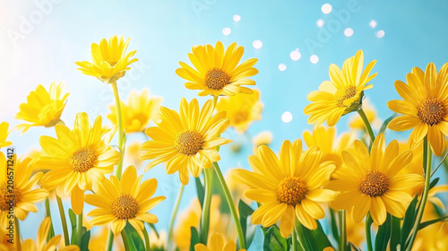 Golden rain sparkling over vibrant yellow daisies in a magical natural scene