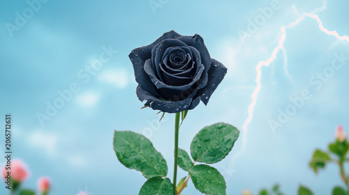 Gothic black rose with lightning storm background in a dramatic dark scene.