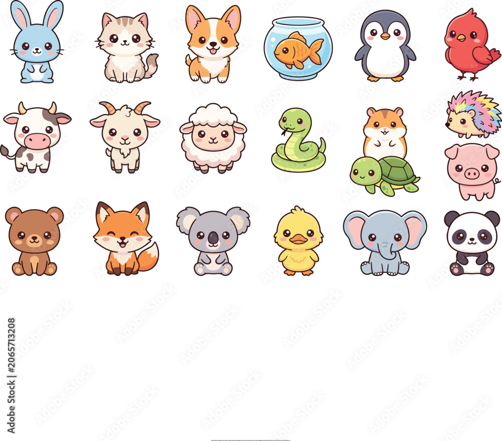 Obraz premium Cute Kawaii Baby Animal Collection with Rabbit Cat Dog Fish Penguin Cow Sheep Snake Turtle Elephant and Panda Vector Illustration Set
