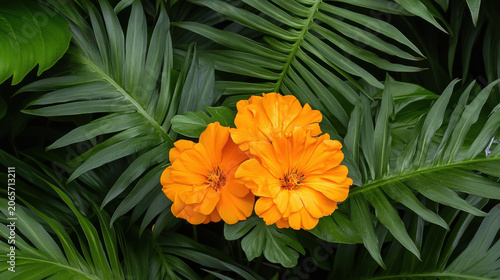 Orange marigold flower with dark green foliage in tropical rain setting.