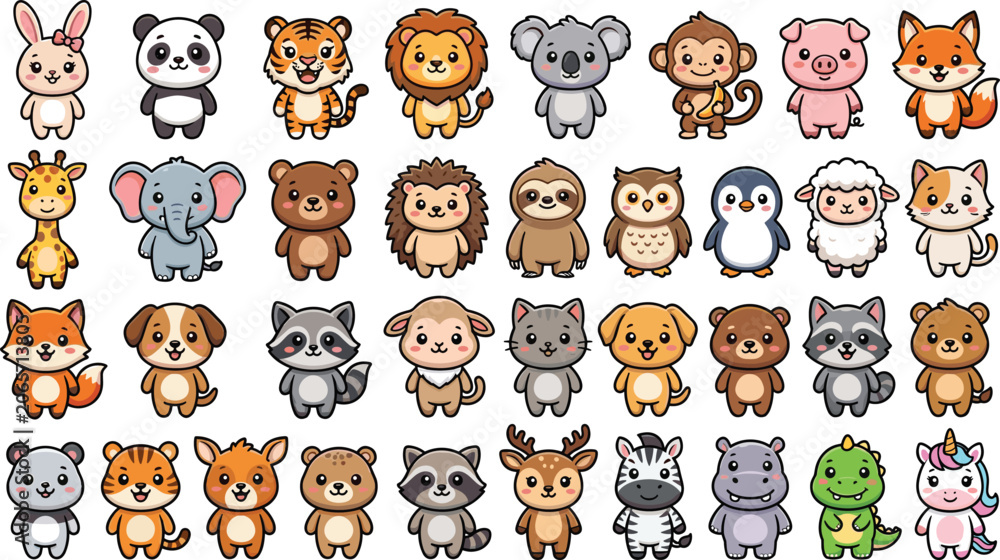 Fototapeta premium Cute Kawaii Baby Animal Collection with Wild and Domestic Characters Including Lion Panda Fox Unicorn Vector Illustration Set