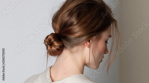 rear view woman with elegant low twisted bun hairstyle