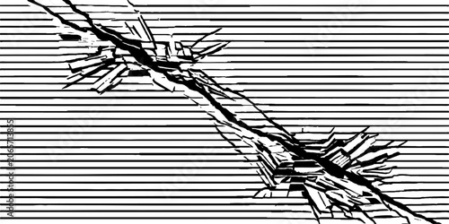 Bilde på lerret A stark black and white graphic depicts a forceful fracture or crack, shattering a horizontal striped background, symbolizing disruption and breakage