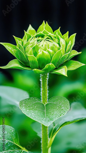 Small sunflower bud with raindrops, symbolizing hope before blooming.
