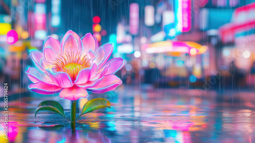 Surreal glowing neon flower in rain at night in a cyberpunk cityscape.