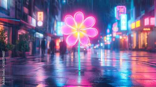 Surreal neon glowing flower in rainy cyberpunk city at night.