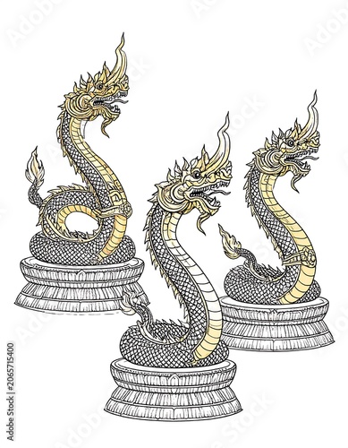 Three mythical serpent statues with golden crowns on pedestals