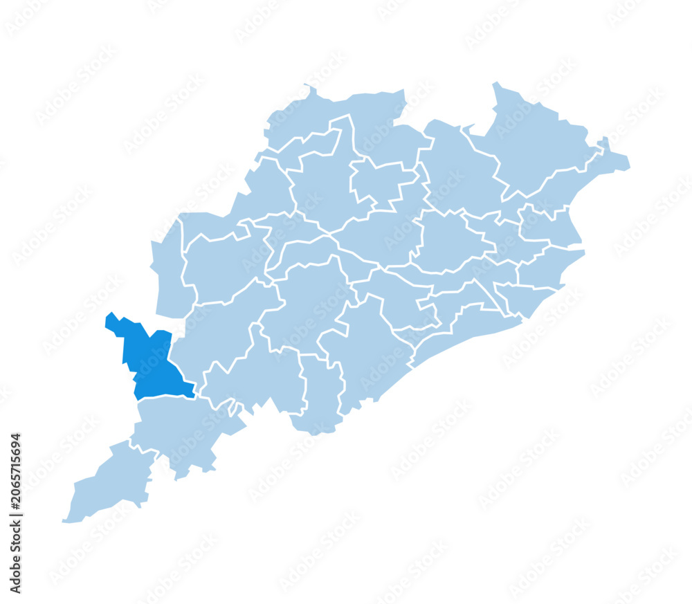 Fototapeta premium Nabarangapur district highlighted in blue on Odisha state map with light blue theme