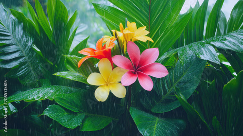 Tropical rainforest flower drenched in heavy rain with vibrant green leaves