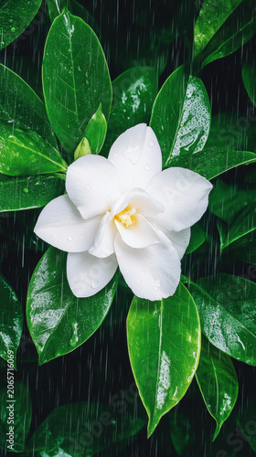 White gardenia flower glowing under moonlight on a rainy night.
