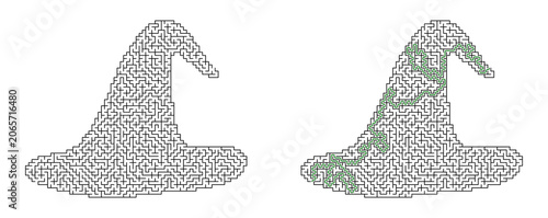 Halloween maze illustration featuring a witch's hat design with a clear solution path for children, suitable for festive activities and educational purposes