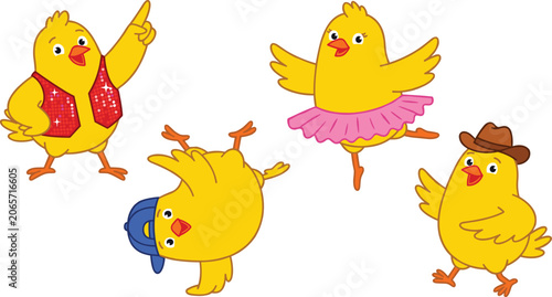 Foto Cute Dancing Chick Character Collection Featuring Disco Performer, Ballet Dancer