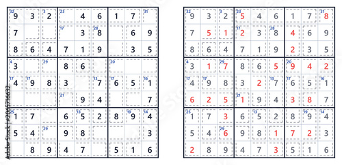 Killer Sudoku puzzle with answers displayed in red and blue, featuring a 9x9 grid layout designed for easy level solving suitable for children and beginners