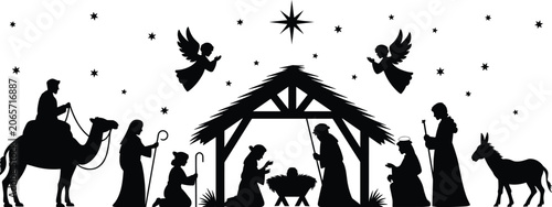Φωτογραφία Black silhouette of a nativity scene with camels angels and donkey under starry