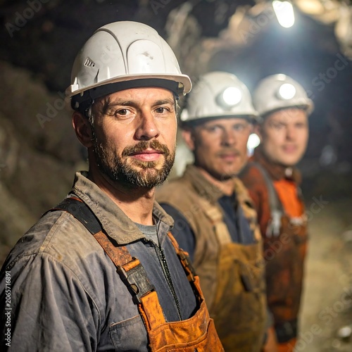 Three miners in a line wearing helmets and overalls in a mine