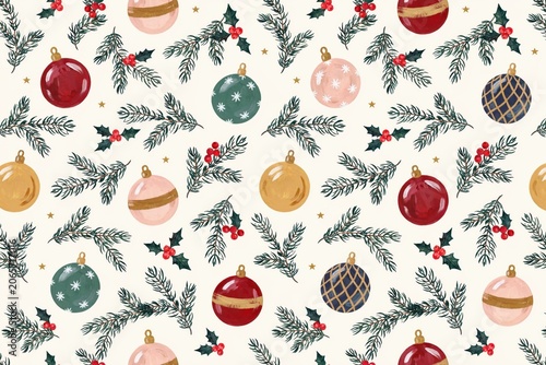 Seamless christmas pattern featuring festive baubles, pine branches, and holly berries on a light cream background, for holiday decoration