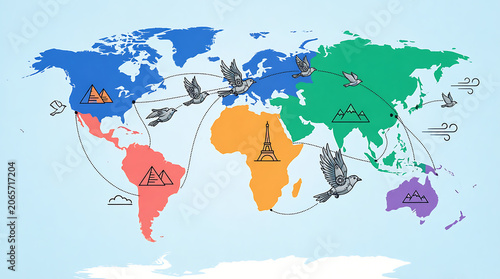 World map and globe showing continents across Earth with countries and global geography illustration