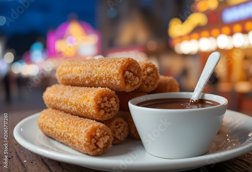 Churros With Chocolate Sauce Served On A White Plate With A Blurred Carnival Background, Captured In A Close Up Shot With Warm Ambient Lighting