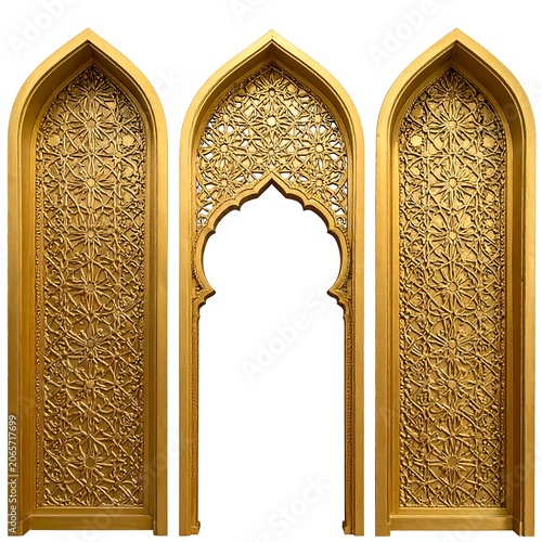 Three ornate, golden, arched panels with intricate designs