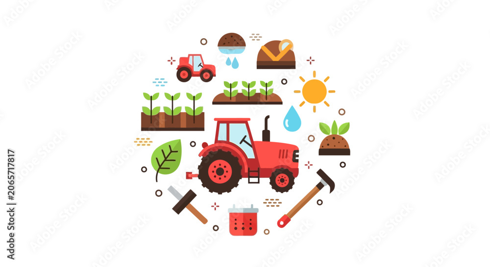 Fototapeta premium Flat Design Agriculture and Smart Farming Vector Illustration Set with Tractor, Crops, and Sustainable Gardening Tools in Circle Composition