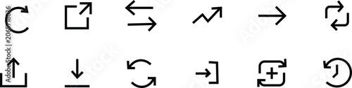 Collection of linear interface arrow icons and navigation symbols for digital screens with navigation interface download direction movement technology controls minimalist