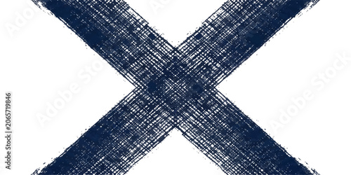 Fotografía A bold, textured X mark in dark blue is drawn across a white background, symbolizing a cancellation or error