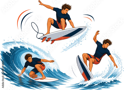 Canvas Print Surfer Riding Waves in Dynamic Action Poses surfing