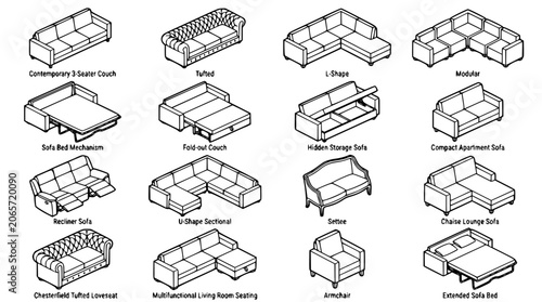 Cuadro en lienzo Modern living room furniture isometric line icon set featuring chesterfield sofa