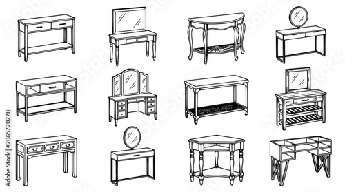 Fotografie Console table and bedroom vanity dressing desk line art vector set with mirrors