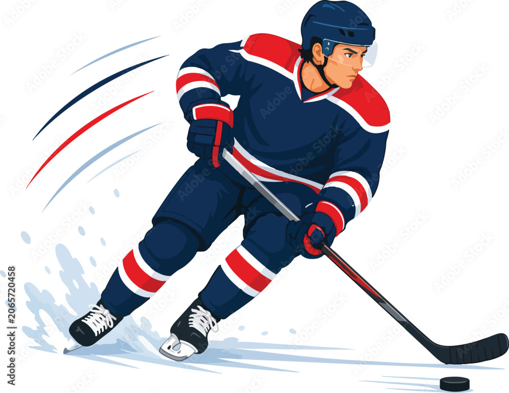 Obraz premium Ice hockey player skating with stick and puck Keywords: ice hockey, player, athlete, sport