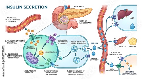 Detailed diagram illustrating the process of insulin secretion from the pancreas and its effects on glucose uptake in the body.