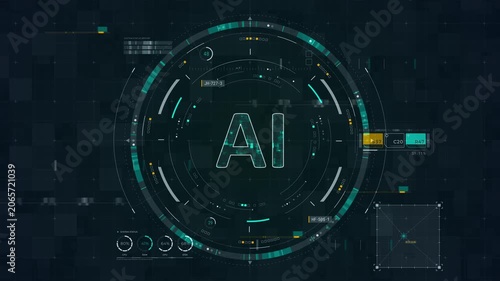 Motion graphic of artificial intelligence HUD interface with rotating circular dashboard, glowing data grid, and futuristic technology branding background.