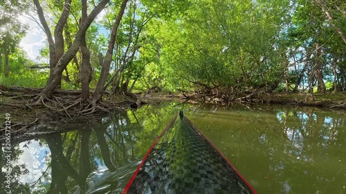 Immersive POV from a kayak - paddling on Boedecker Reservoir in Loveland, Colorado, on calm lake or river