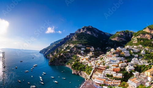 aerial view of positano with comfortable beach and blue sea on amalfi coast in campania italy positano village on the amalfi coast salerno campania beautiful positano amalfi coast in campania