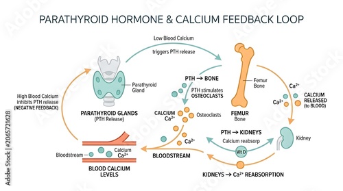 Detailed diagram illustrating the parathyroid hormone and calcium feedback loop, showing how blood calcium levels are regulated by PTH affecting bones and kidneys.