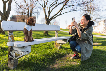 Woman photographing her dog in sunny park