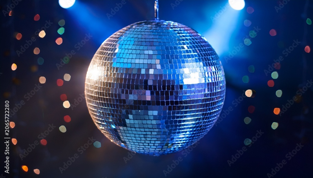 Obraz premium disco ball with shimmering mirror tiles creates dazzling dance floor atmosphere blue color glitter sphere reflects holographic light patterns for club parties and events
