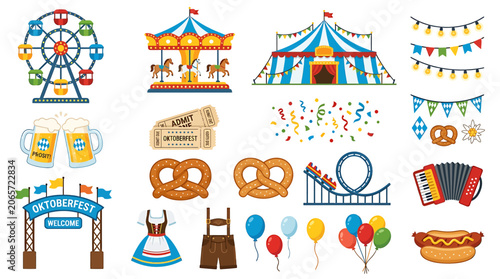 Vibrant festival scene with colorful attractions, food, and decorations in a lively outdoor setting with people enjoying leisure.