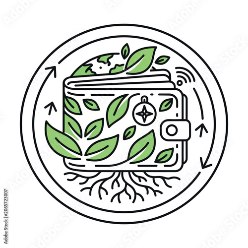 Sustainable green finance icon, eco friendly wallet with leaves and roots vector, circular economy and ethical investment concept illustration