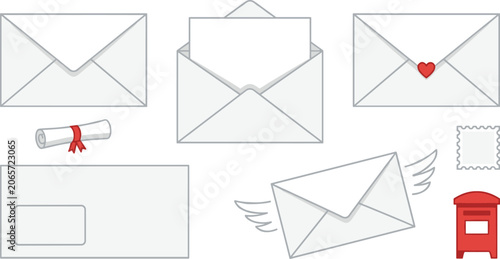Photography Postal Mail Envelope Vector Icon Set with Open Closed Winged Letters Heart Seal