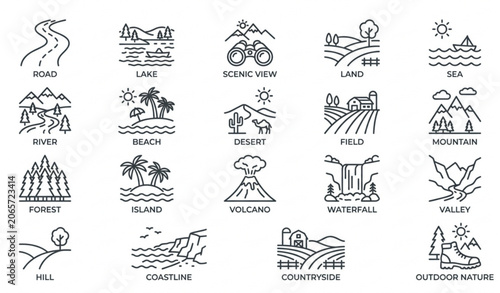 Fotografie Countryside and landscape line icon set with mountain river and forest symbols