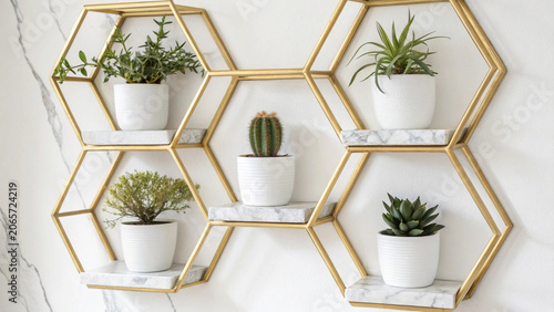 Hexagonal Gold Shelves with Potted Plants