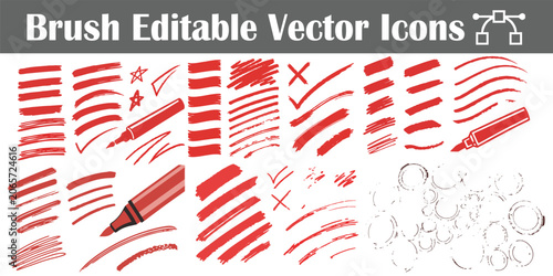 Set of hand drawn red marker brush strokes and highlights for digital illustration and design with marker pen highlight scribble illustration editable abstract artistic creative