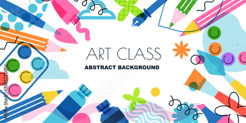 Vector art school, creative workshop frame background. Education colorful banner design with artistic stationery
