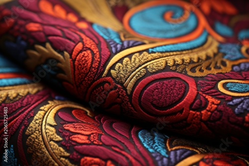 Colorful fabric with detailed embroidery creating a rich, textured paisley and floral design