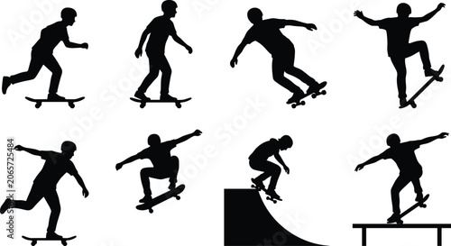 Foto Skateboarder Silhouette Collection Set with Tricks Jumps and Street Actions