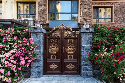Spring blossoms frame courtyard gate with vibrant spring vibes